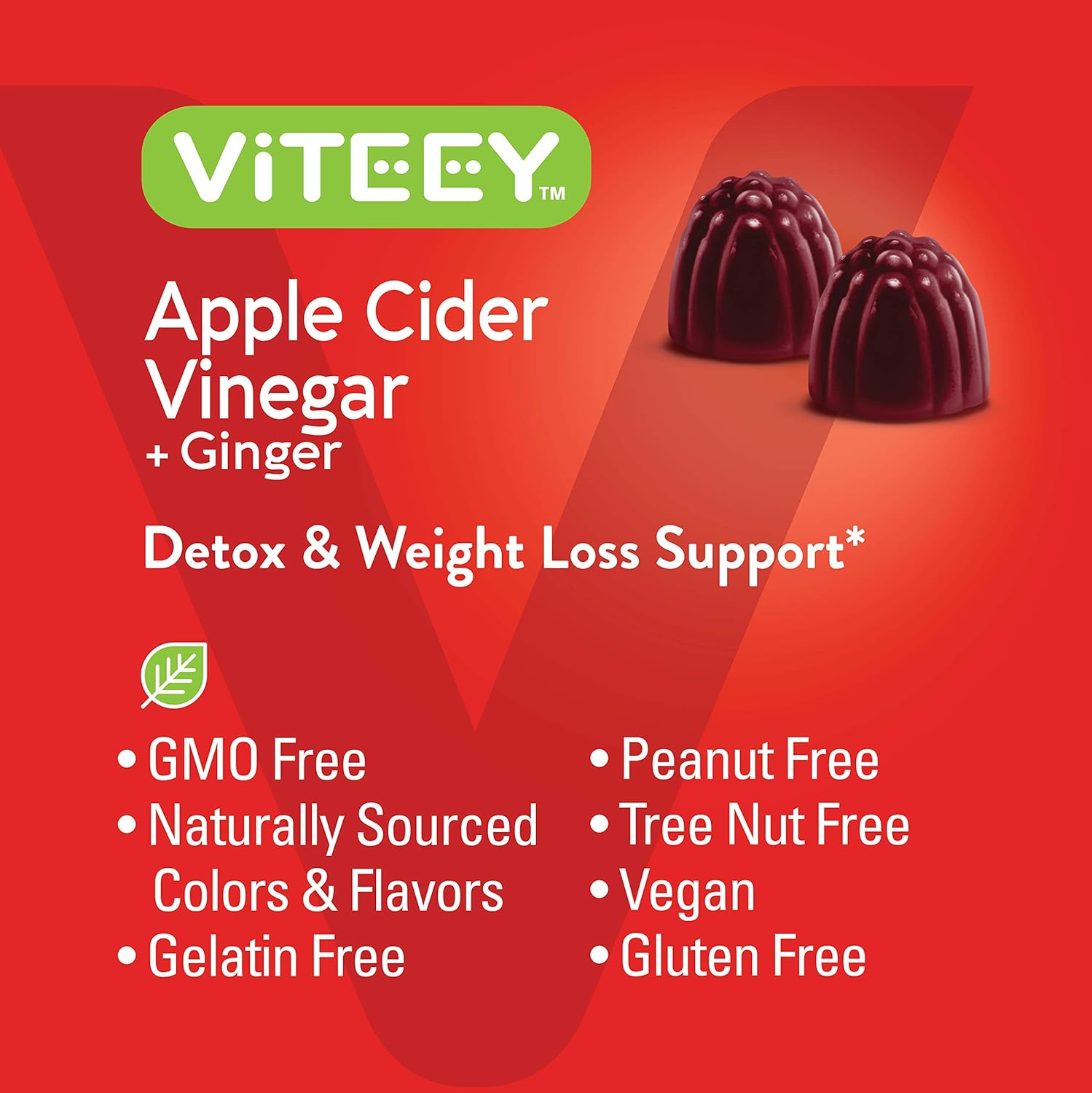 Viteey Apple Cider Vinegar Gummies and Ginger – 1000 mg ACV Gummies for Weight Loss, Detox and Digestion – Vegan, Gluten-Free – 120 Count