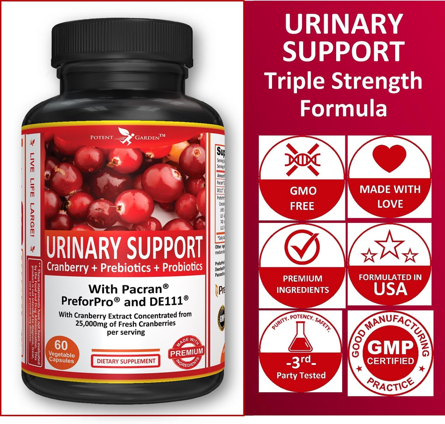 Potent Garden Urinary Support Womens Probiotic for Urinary Tract Health for Women, Cranberry Capsules with 5 Billion CFUs Cranberry Extract, Prebiotics and Probiotics for Women, 60 Caps, 30 Servings
