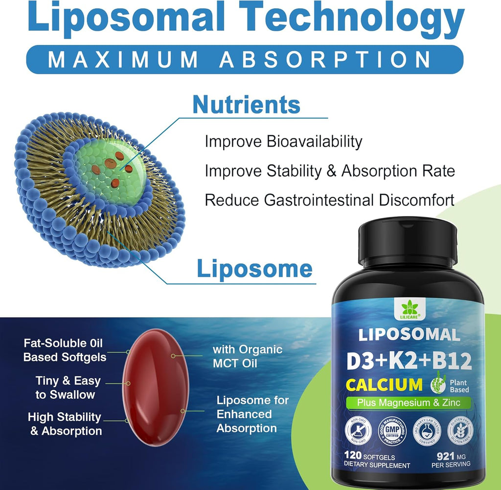 6-in-1 Plant Based Calcium Supplements for Women Men- Calcium 600mg w/ D3 K2 5000 IU Vitamin, Liposomal & Algae Ca-lcium Magnesium Zinc + Vegan Vitamin D 5000 IU + K2 MK7 + Methyl B12 for Bone, 1 Pack