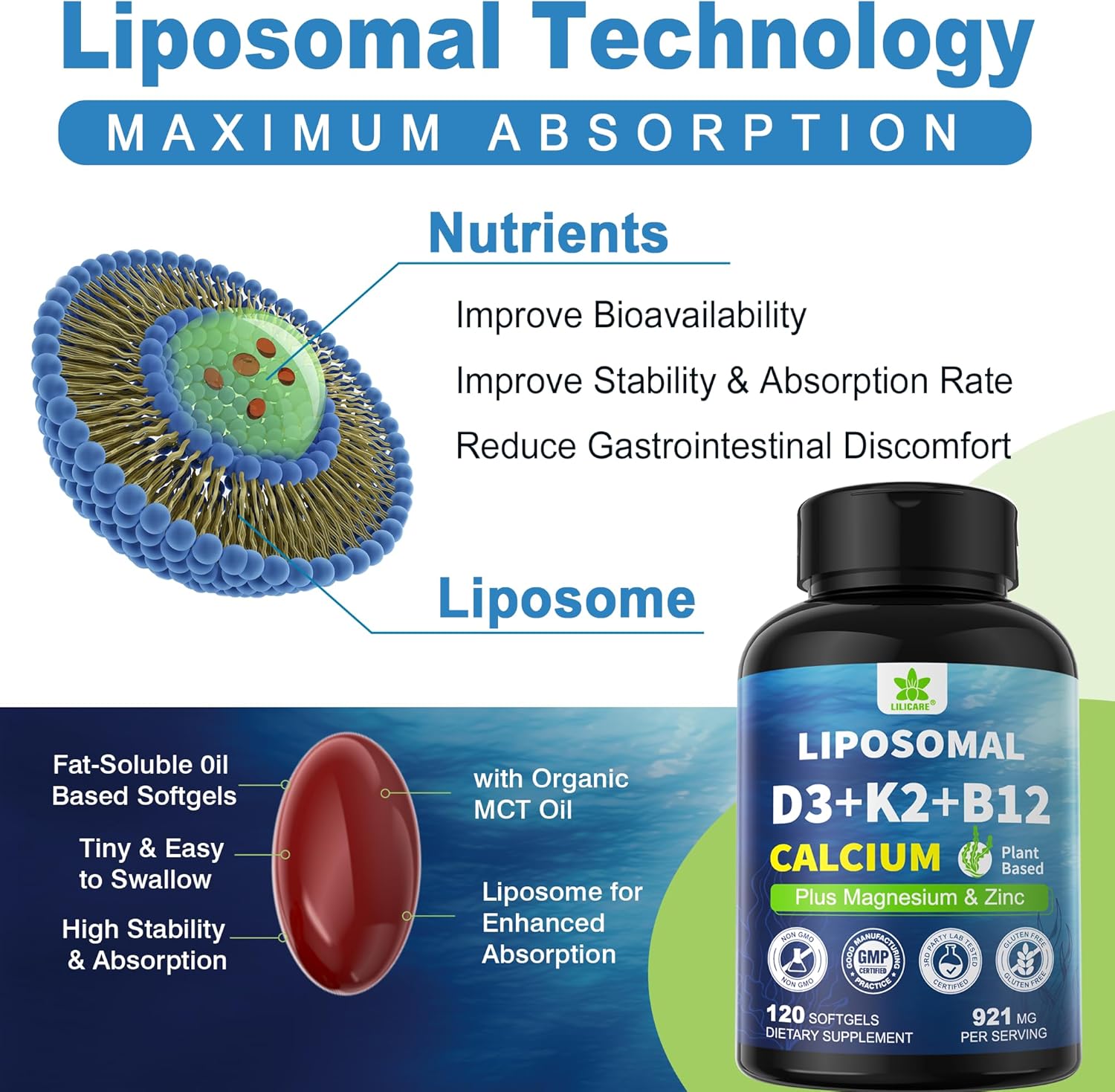 6-in-1 Plant Based Calcium Supplements for Women Men- Calcium 600mg w/ D3 K2 5000 IU Vitamin, Liposomal & Algae Ca-lcium Magnesium Zinc + Vegan Vitamin D 5000 IU + K2 MK7 + Methyl B12 for Bone, 1 Pack