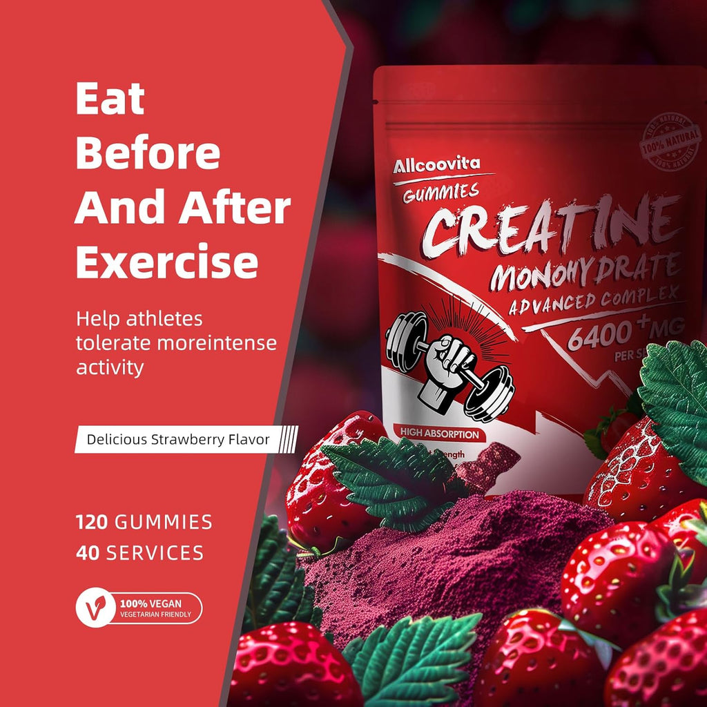 Creatine Monohydrate Gummies Complex for Men & Women - 120 Gummies Advanced Formula, L-Taurine + Vitamin B12 for Muscle Strength, Muscle Builder, Energy Boost, Pre-Workout Supplement-Strawberry