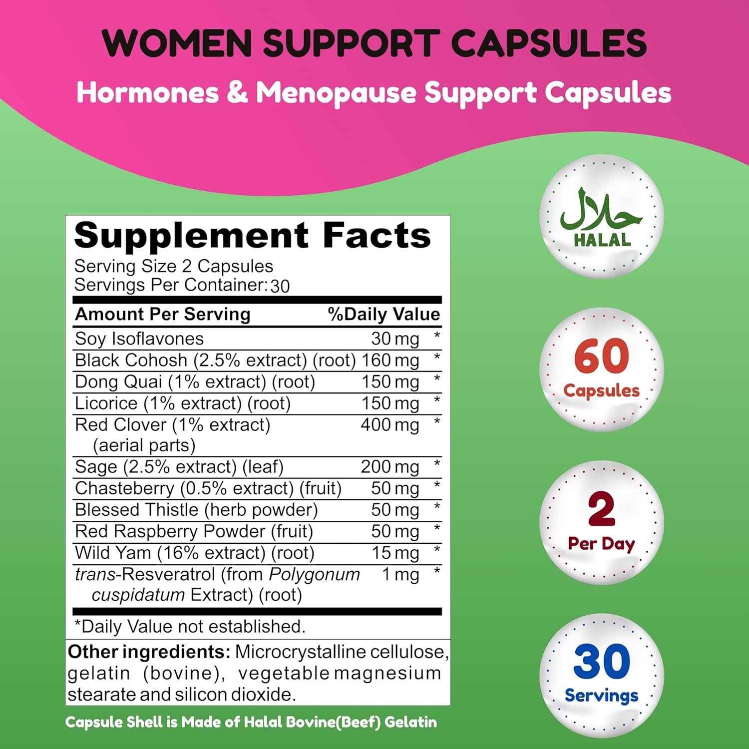 Hormones Balance & Menopause Supplements for Women, Menopause Relief - Support for Hot Flashes, Mood Swings w/Black Cohosh & Red Clover Halal Vitamins, 30 Servings