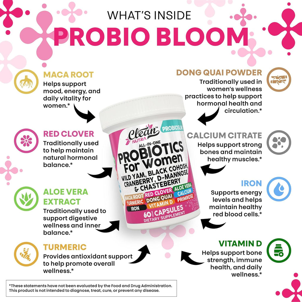 Clean Nutraceuticals Probiotics for Women with D Mannose, Cranberry Extract, Wild Yam, Chasteberry - 20 Probiotic and Prebiotic Strains - PH Balance, Womens Probiotic for Digestive Health - 60 Count
