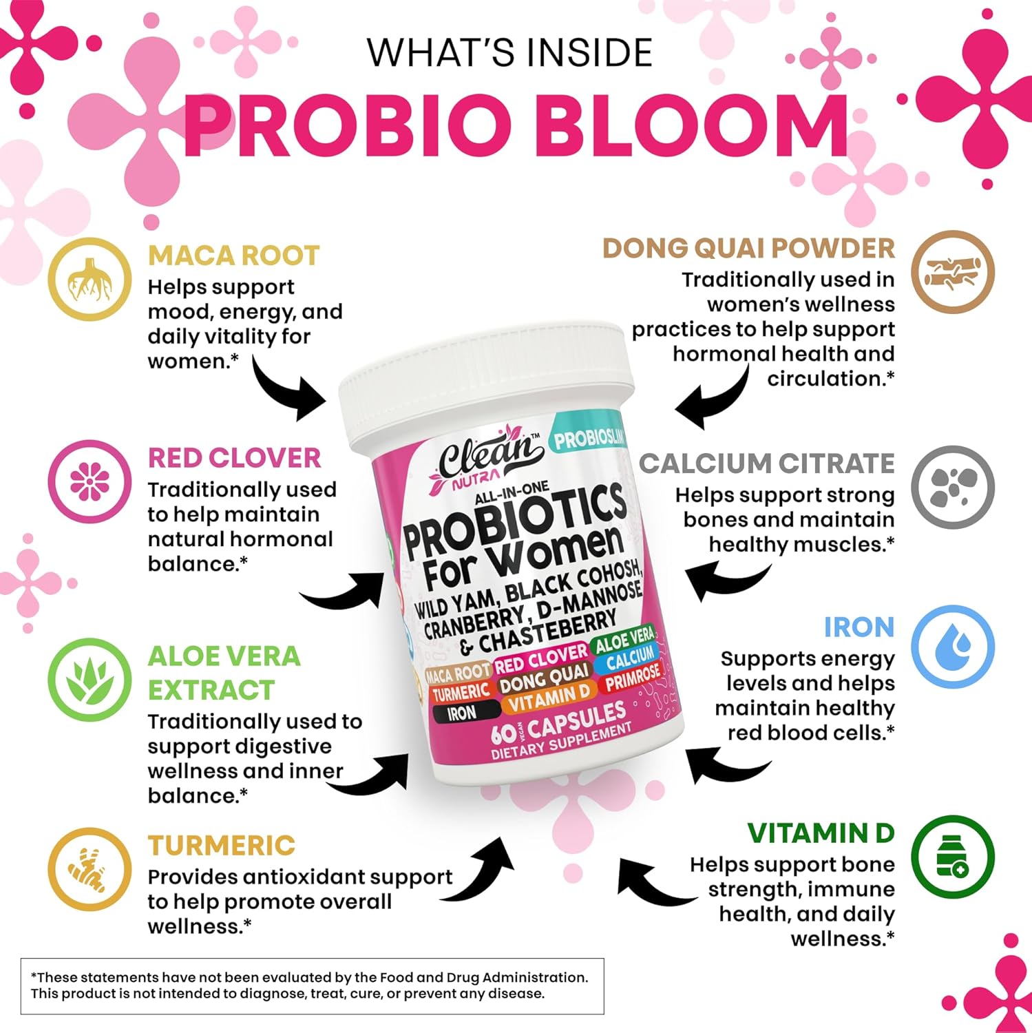 Clean Nutraceuticals Probiotics for Women with D Mannose, Cranberry Extract, Wild Yam, Chasteberry - 20 Probiotic and Prebiotic Strains - PH Balance, Womens Probiotic for Digestive Health - 60 Count