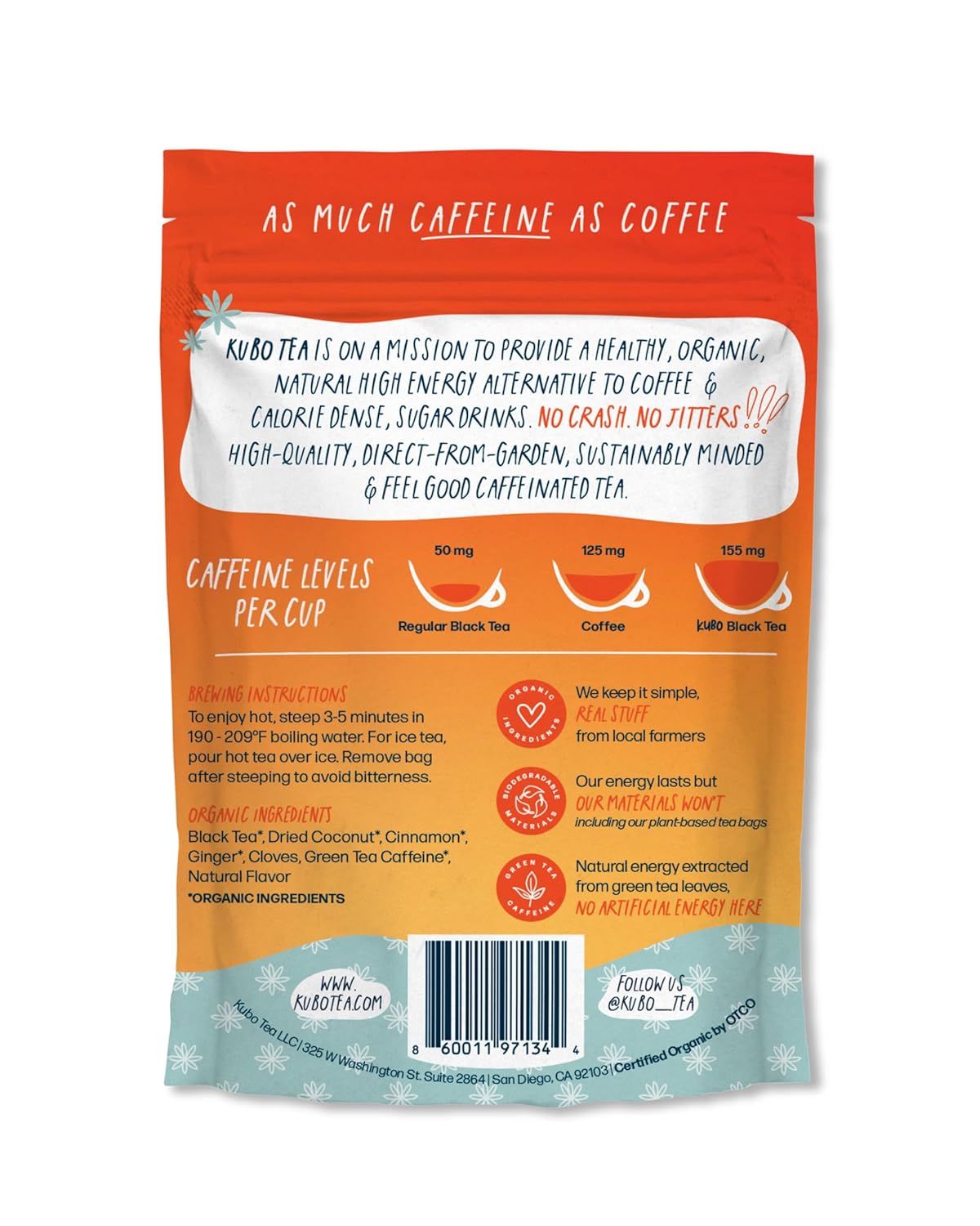 Kubo Tea, Coconut Chai Black Tea, Organic High Caffeine Blend, 20 Servings (155mg Caffeine each), Pyramid Tea Bags, Compostable & Biodegradable Packaging, Brew Hot or Iced, Healthy Coffee Substitute