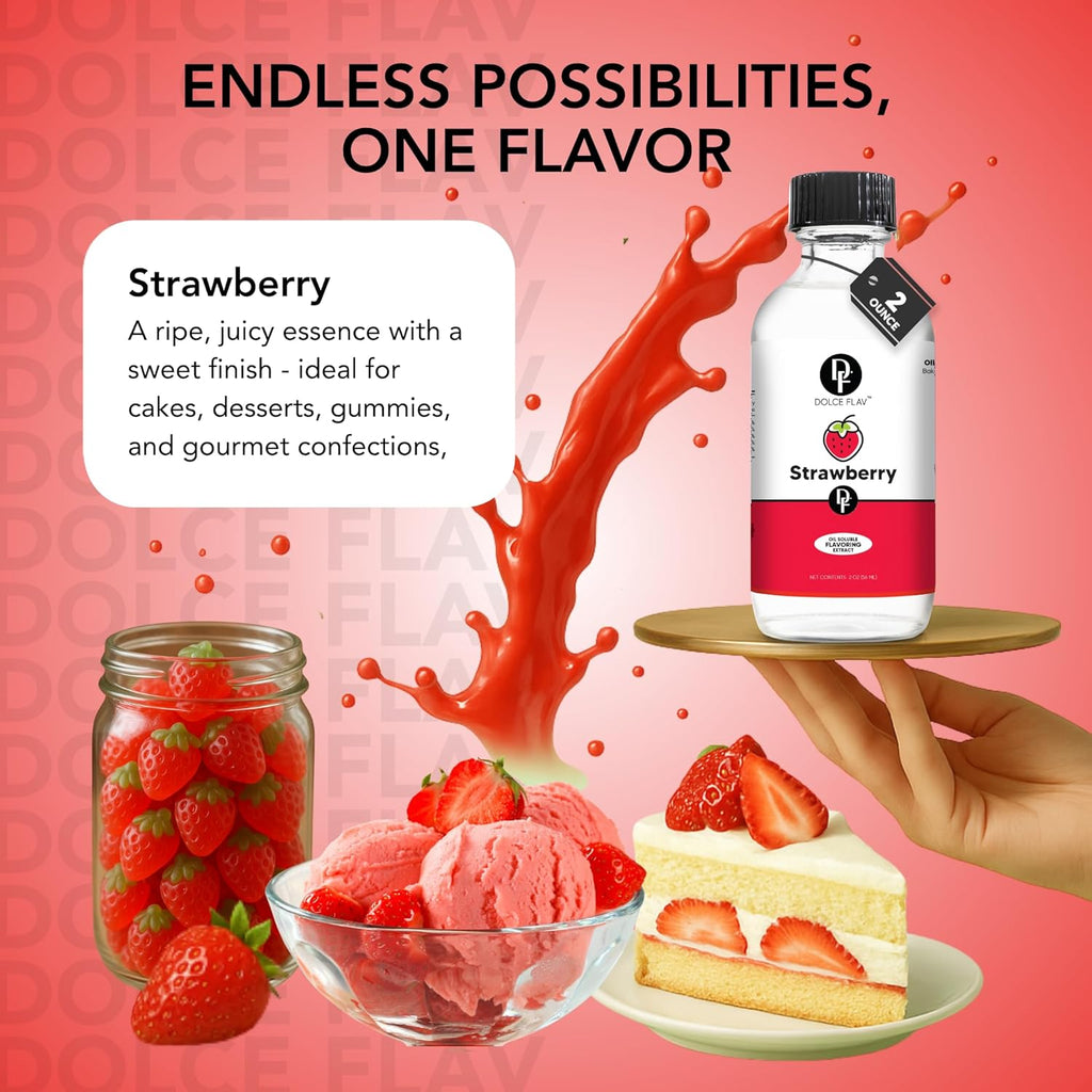 Dolce Flav Strawberry Extract – 2 Ounce Oil-Soluble Kosher, Sugar-Free, Concentrated Berry Flavor for Candy, Chocolates & Desserts, Includes Measured Dropper, Pack of 2