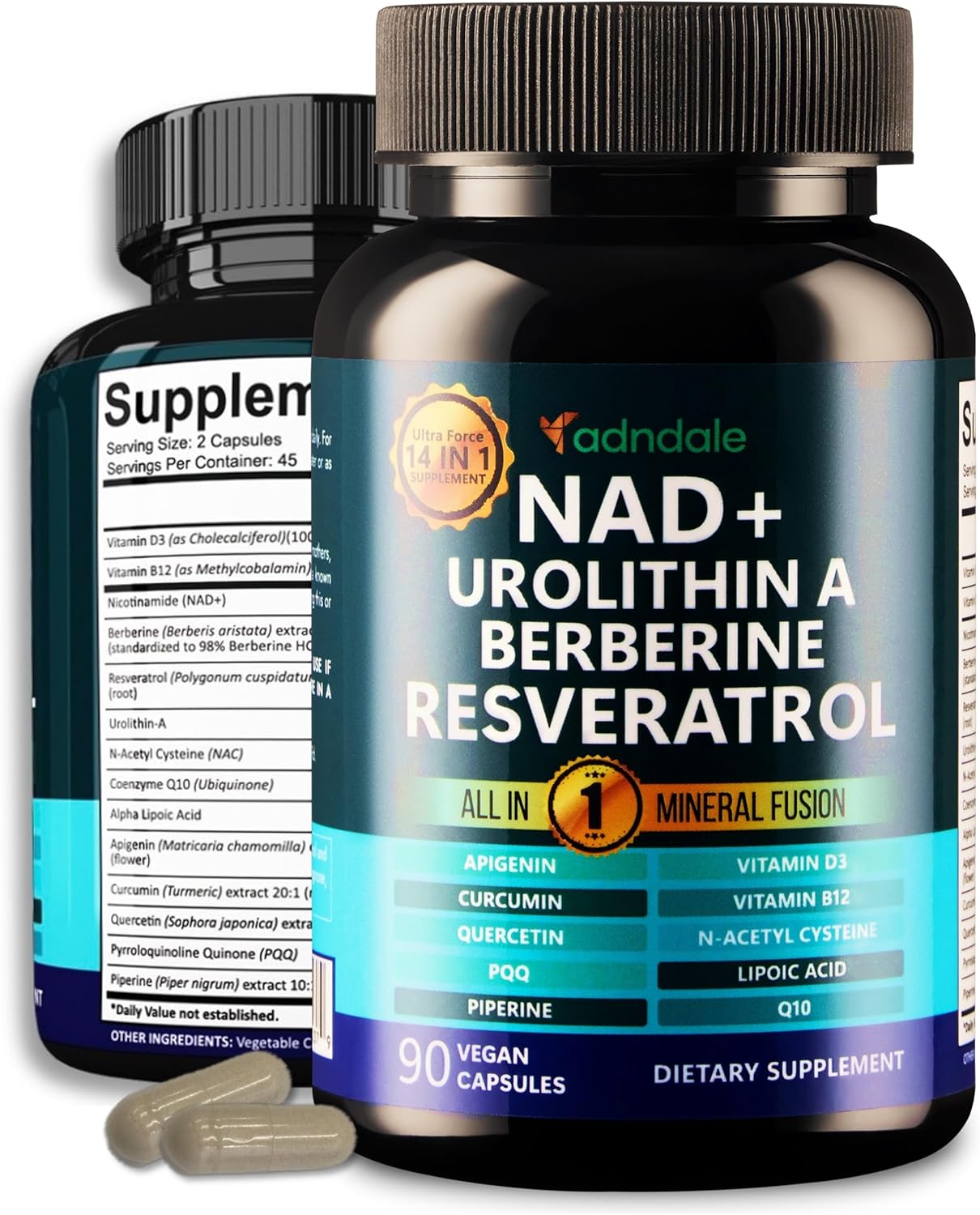 Adndale NAD Supplement for Women and Men. Longevity Formula with Liposomal NAD+, Trans Resveratrol, Urolithin-A, Berberine, CoQ10. NMN Supplement Alternative. 90 Count