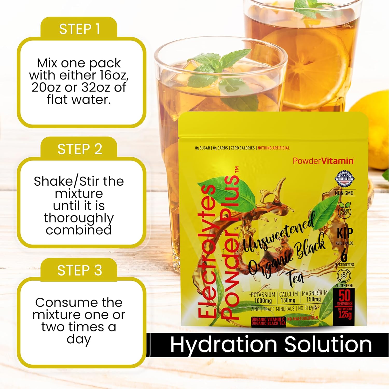 PowderVitamin Electrolytes Powder Plus (50 Servings) Unsweetened Black Tea Electrolyte Powder Keto,SugarFree, Pink Himalayan Salt,1000mgPotassium,150mgCalcium,150mgMagnesium,Hydration Powder NO STEVIA