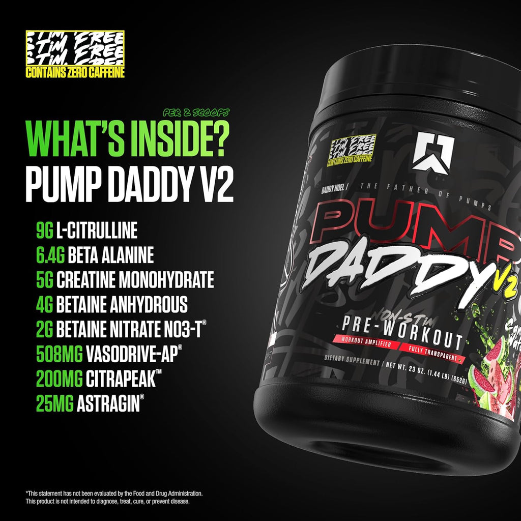 RYSE Pump Daddy V2 Pre Workout Powder - Noel Deyzel Signature - Candy Watermelon - Non-Stim Supplement with Citrulline, Creatine and Beta Alanine for Pumps, Endurance and Strength - 40 Servings