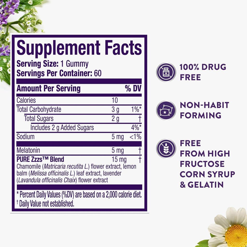 ZzzQuil Pure Zzzs Melatonin Gummies, Melatonin 5mg, Sleep Aid, with Chamomile & Lavender, Melatonin Sleep Gummies, Sleep Aids for Adults, Berry Flavored, 60 Sleep Gummies