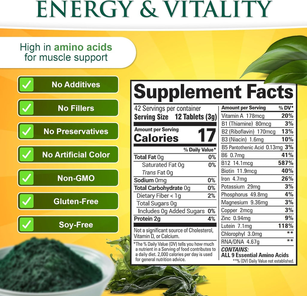 Sunlit Best Chlorella Spirulina Tablets - Organic USDA, Premium Spirulinas and Chlorella Capsules 500 Pills - Chlorellas Natural Superfood with Spirulina Algae, Enzymes Chlorophyll & Vegan Protein