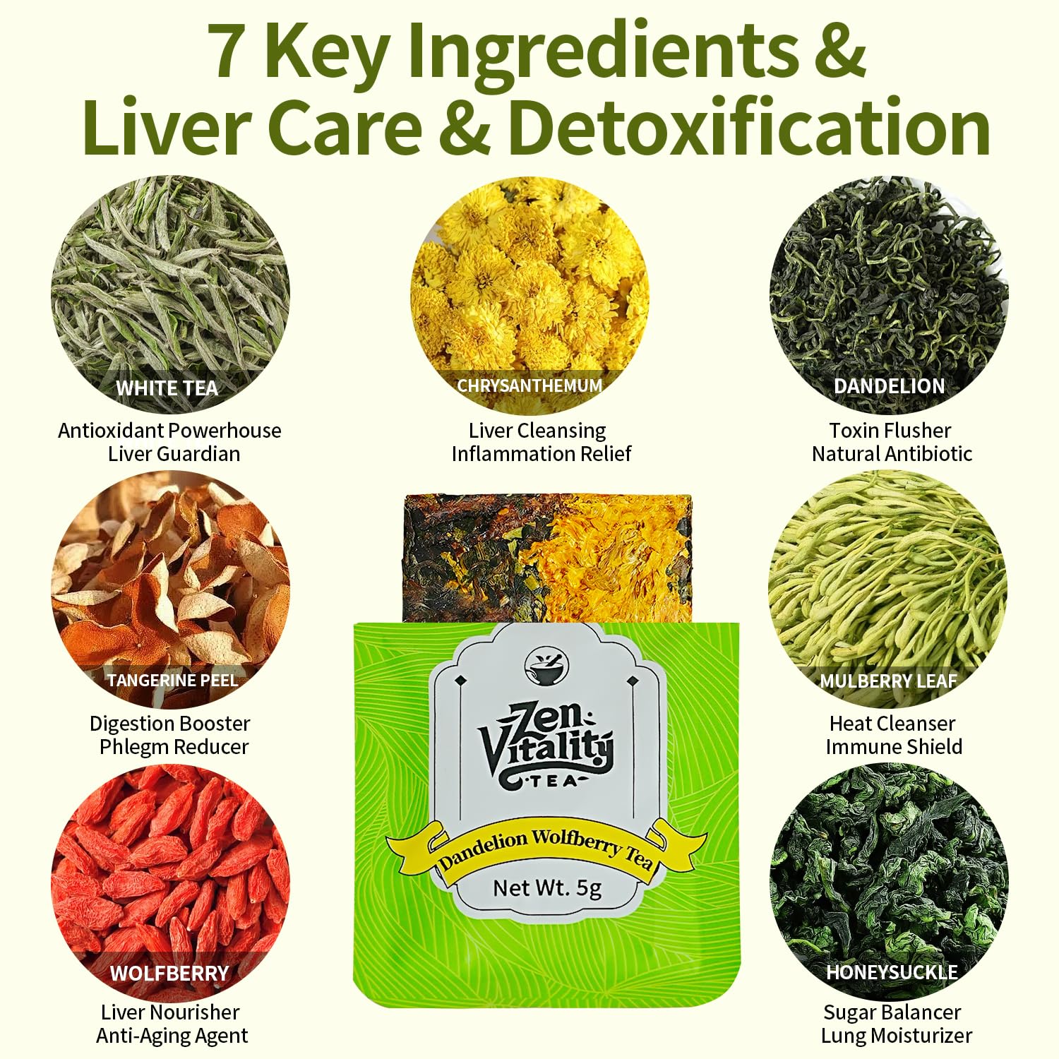ZenVitality® Organic Dandelion Wolfberry Tea For Diabetics Supports Healthy Blood Sugar, Digestion, Weight & Liver With White Tea, Dandelion Leaf, Goji Berry, Chrysanthemum, Honeysuckle, Mulberry Leaf