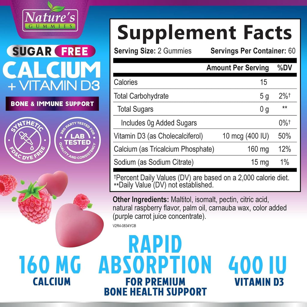 Sugar Free Chewable Calcium Gummy Vitamins - Plus 400 IU Vitamin D3 for Bone, Teeth, & Immune Health Support - Calcium Supplements for Women & Men Daily, Non-GMO, Berry Flavored - 120 Gummies