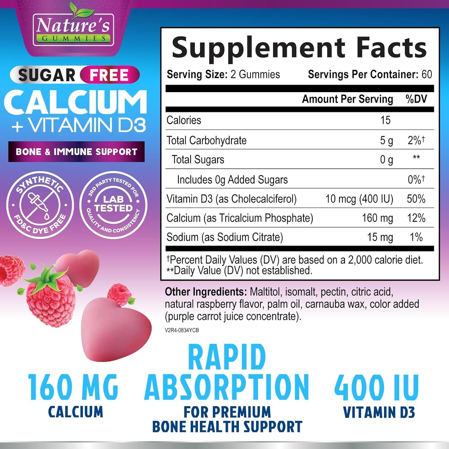 Sugar Free Chewable Calcium Gummy Vitamins - Plus 400 IU Vitamin D3 for Bone, Teeth, & Immune Health Support - Calcium Supplements for Women & Men Daily, Non-GMO, Berry Flavored - 120 Gummies