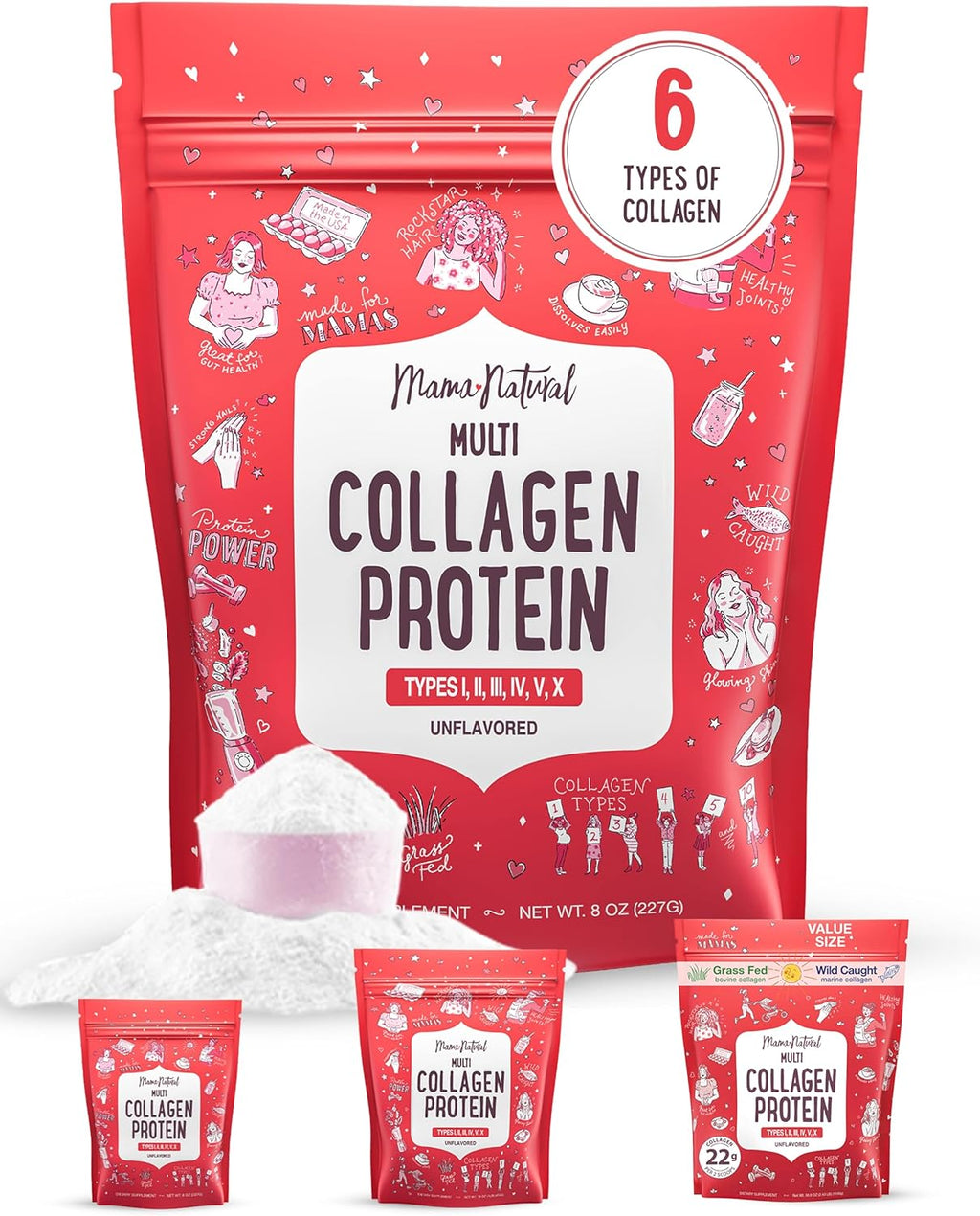 Multi Collagen Protein Powder Type 1, 2, 3, 4, 5, 10 - Unflavored & Hydrolyzed - Pure Collagen Peptides Powder - Grass Fed Beef, Wild Fish Marine & USA Eggshell - 20 Servings