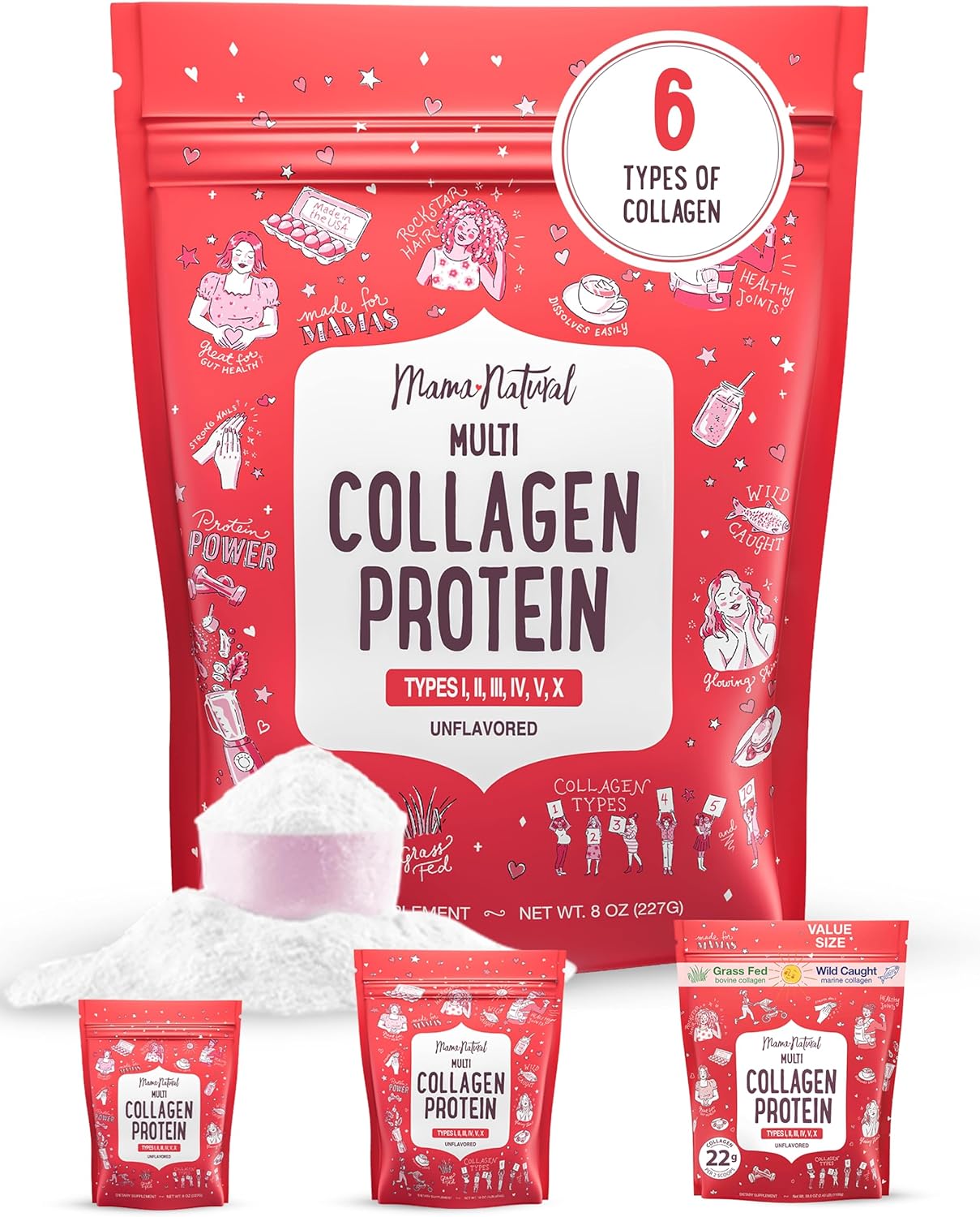 Multi Collagen Protein Powder Type 1, 2, 3, 4, 5, 10 - Unflavored & Hydrolyzed - Pure Collagen Peptides Powder - Grass Fed Beef, Wild Fish Marine & USA Eggshell - 20 Servings