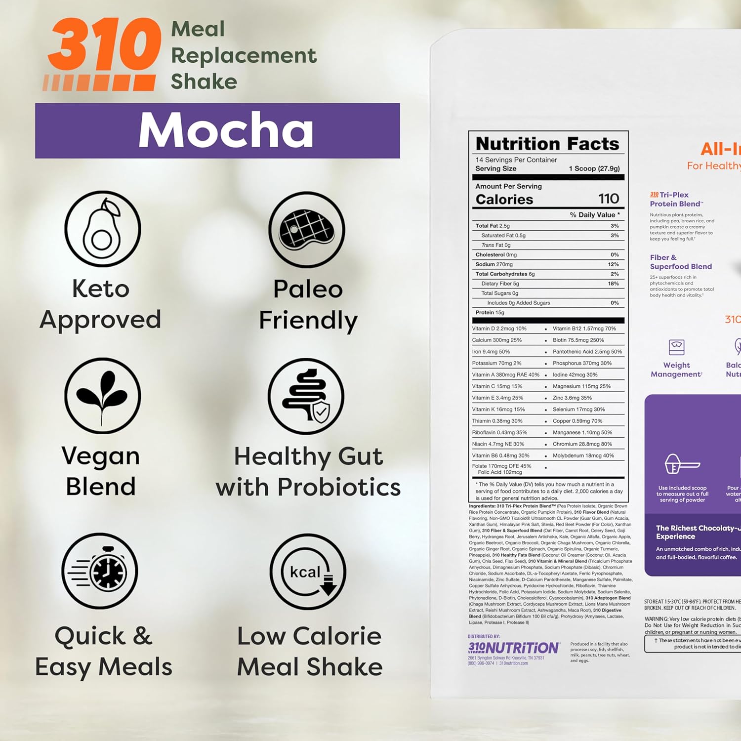 310 Nutrition All-In-One Meal Replacement Shake Powder - Plant-Based Protein Smoothie Blend w/High Fiber, Probiotics & Adaptogens - Low Carb, Vegan, Keto & Paleo Friendly - Mocha - 28 Srv