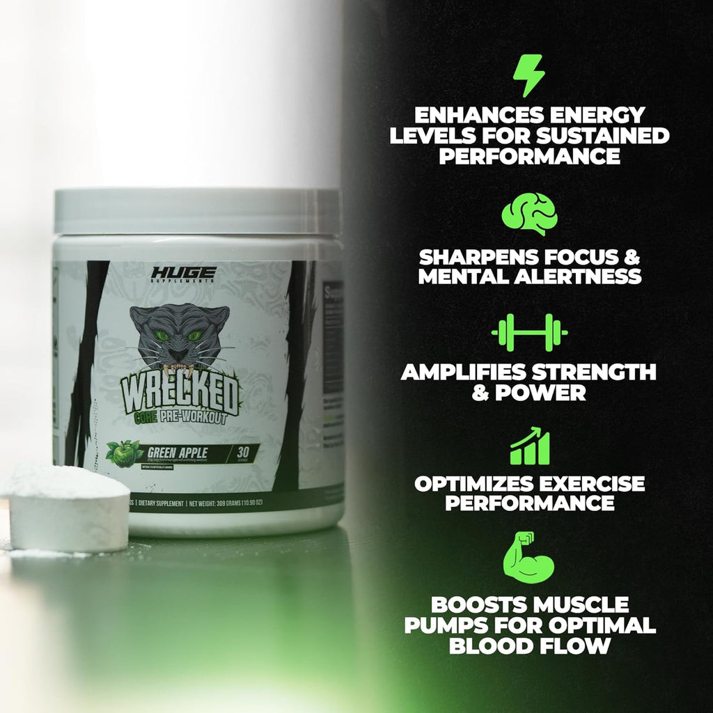 Wrecked Core - All-in-One Pre-Workout Supplement for Men & Women, Increase Energy, Focus & Pumps with L-Citrulline, Beta-Alanine, L-Tyrosine & More (30 Servings) - Green Apple