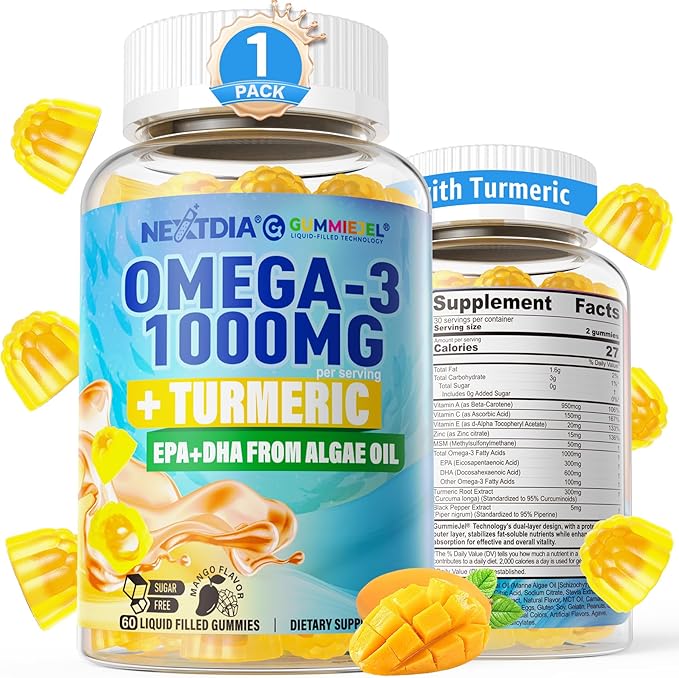 Vegan Omega-3 Gummies 1000mg + Turmeric - Omega 3 Fish Oil Alternative for Adults - Algae DHA 600mg & EPA 300mg, Vitamins A, C, E, Zinc & MSM, Sugar Free, 60 Cts