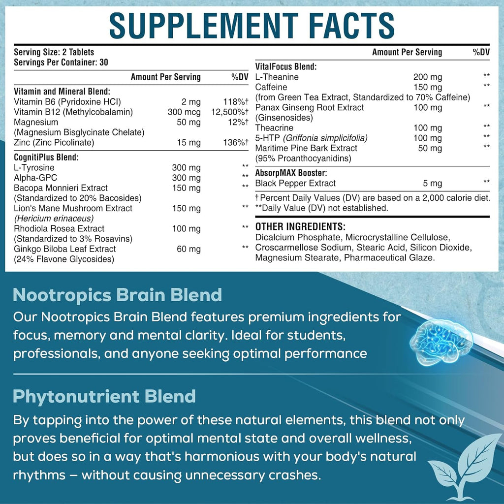 17-in-1 Brain Supplement for Memory and Focus | Natural Nootropics Brain Supplement for Brain Cognition, Energy | High Absorption | L-Theanine, Phytonutrient Blend and Vitamins B6, B12 | 2 Bottles