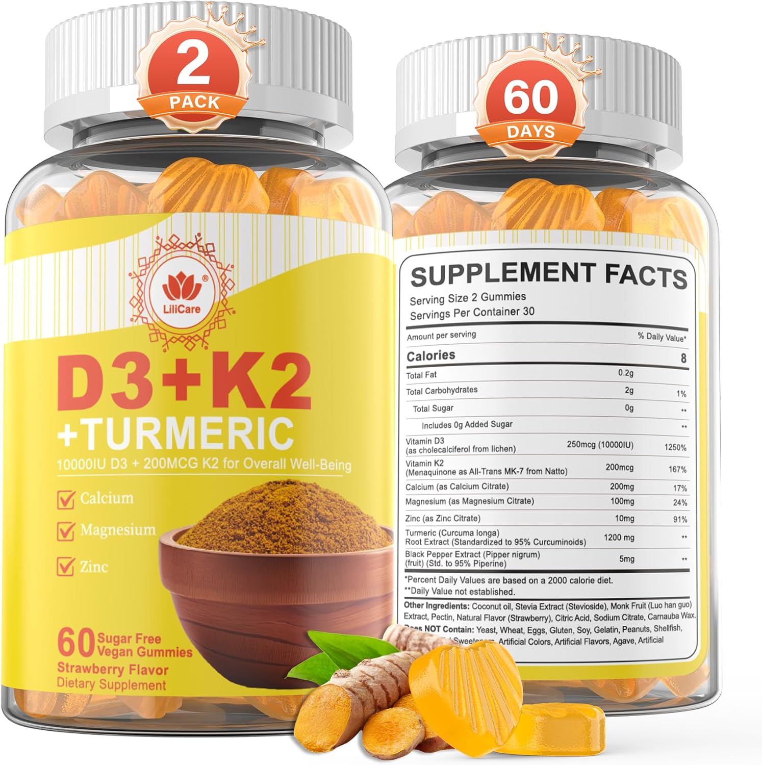 Vitamin D3 K2 Gummies & Turmeric for Women & Men, Vitamin D3 5000IU / 10000IU, K2 (MK-7) 200mcg Supplements with Turmeric 1200mg, Calcium, Magnesium, Zinc, Supports Bone, Teeth, Muscle & Immune, 2PACK