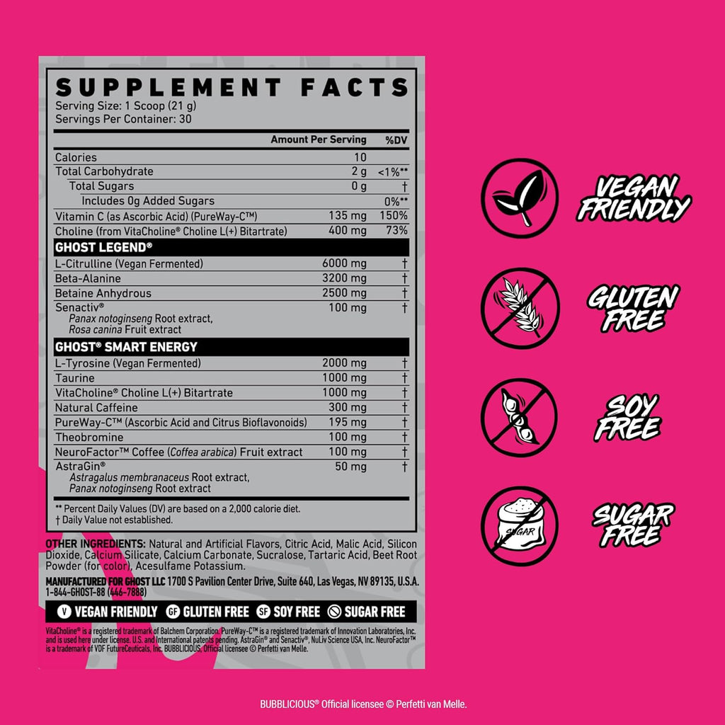 GHOST Legend Pre-Workout Powder, Bubblicious Strawberry Splash - 30 Servings – Pre-Workout for Men & Women with Choline, L-Citrulline, & Beta Alanine for Energy & Focus