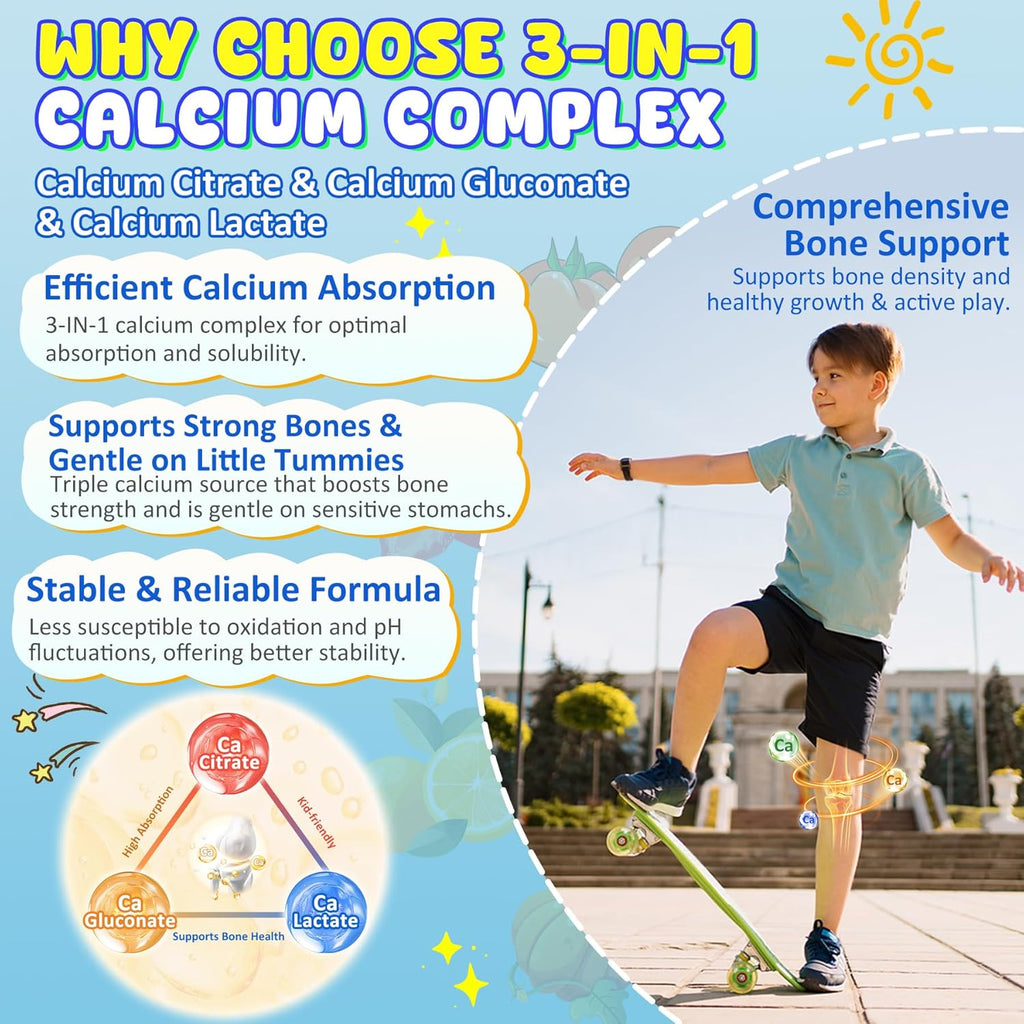Kids Calcium Gummies + D3 & Magnesium for 4+, with Calcium Citrate Calcium Gluconate, Calcium Lactate,Probiotics & Prebiotics for Children Bone Health,Muscle Support,Digestive Health,Sugar Free 120Cts