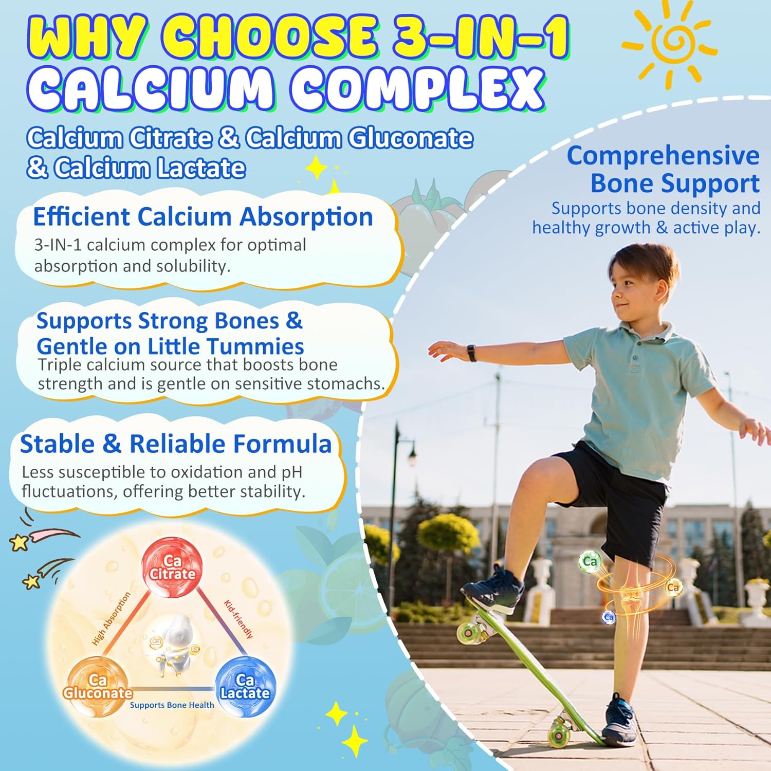 Kids Calcium Gummies + D3 & Magnesium for 4+, with Calcium Citrate Calcium Gluconate, Calcium Lactate, Probiotics & Prebiotics for Children Bone Health,Muscle Support,Digestive Health,Sugar Free 60Cts