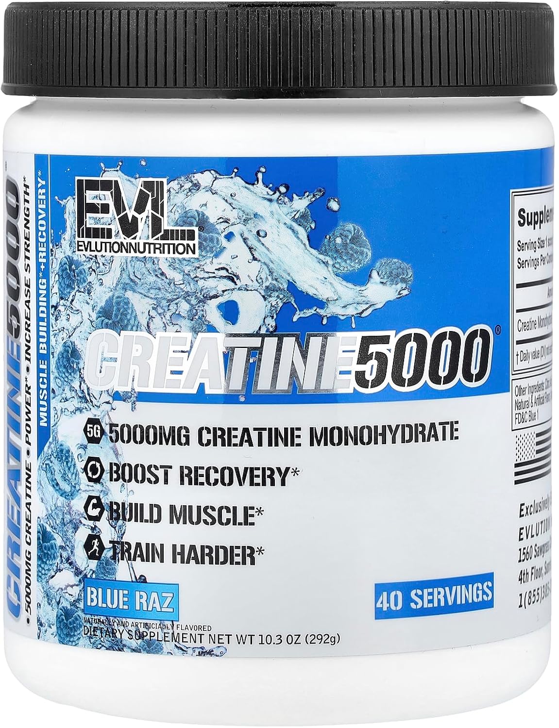 Evlution Nutrition Creatine 5000 - Supports Faster Recovery, Lean Muscle Growth & Performance - Pre & Post Workout Powder - 5000mg Pure Creatine Monohydrate Per Serving - 40 Servings - Blue Raz