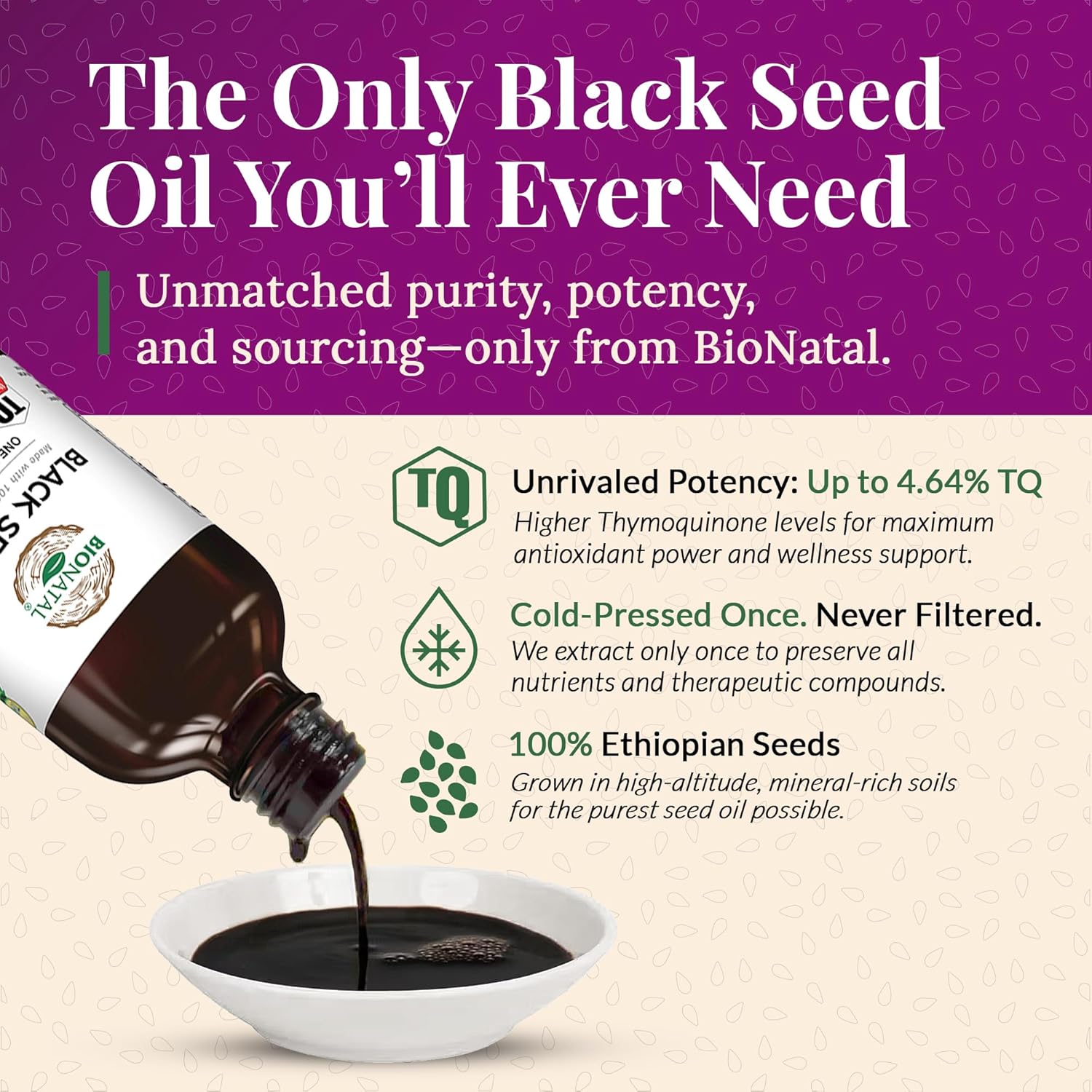 BioNatal Ethiopian Black Seed Oil 4.2oz (GLASS), Up to 4.64% Thymoquinone (TQ), Nigella Sativa Seeds, Non-filtered black cumin seed oil, Cold-pressed