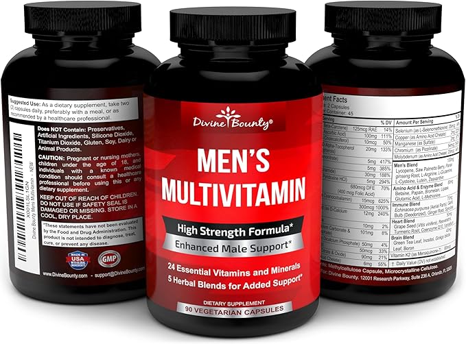 Mens Multivitamin – Daily Multivitamin for Men with Vitamin A C D E K B Complex, Calcium, Magnesium, Selenium, Zinc Plus Heart, Brain, Immune, and Men's Multivitamins – 90 Vegetarian Capsules