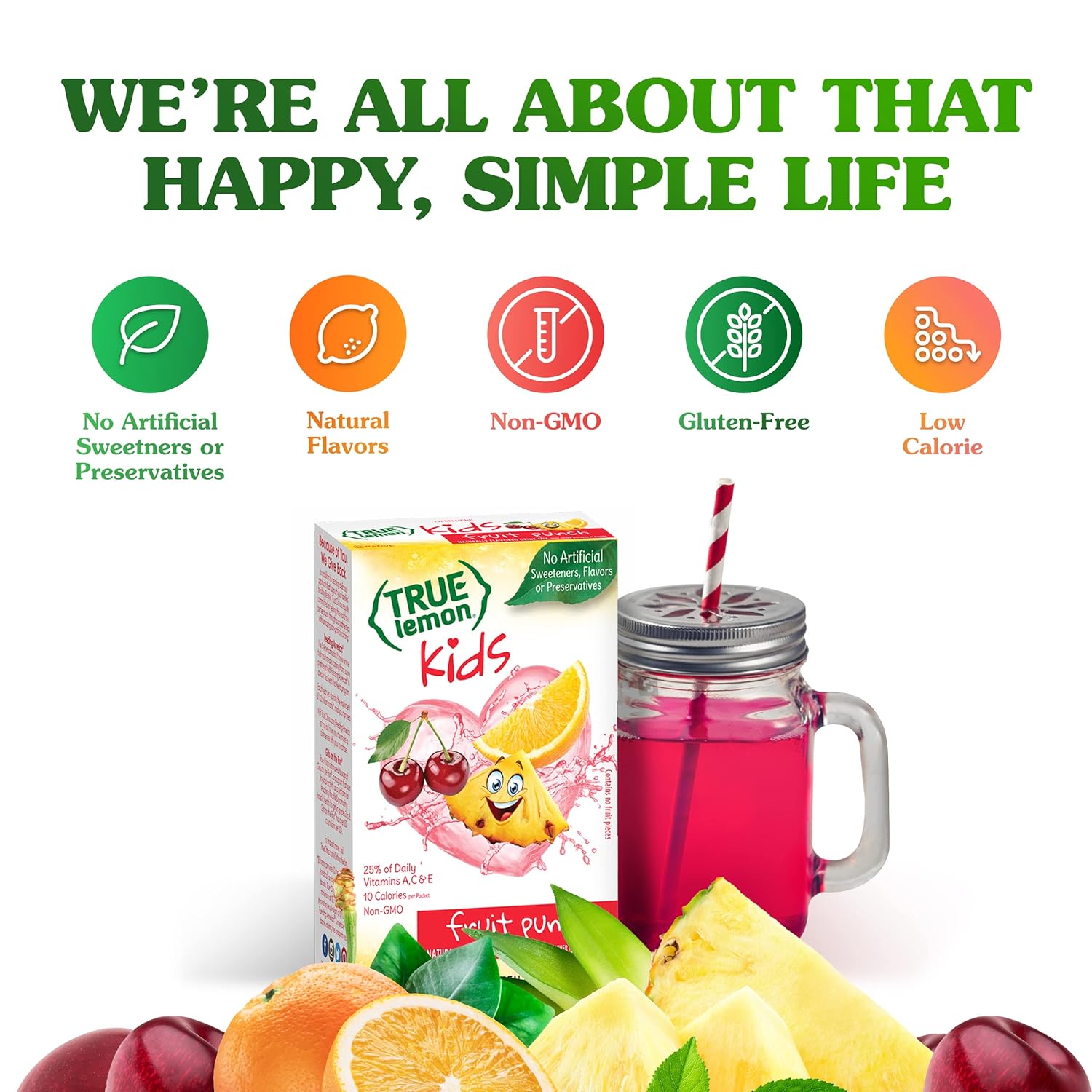 TRUE LEMON Fruit Punch Packets - Low Sugar, No Preservatives Kids Hydration Drink Mix (Pack of 4)