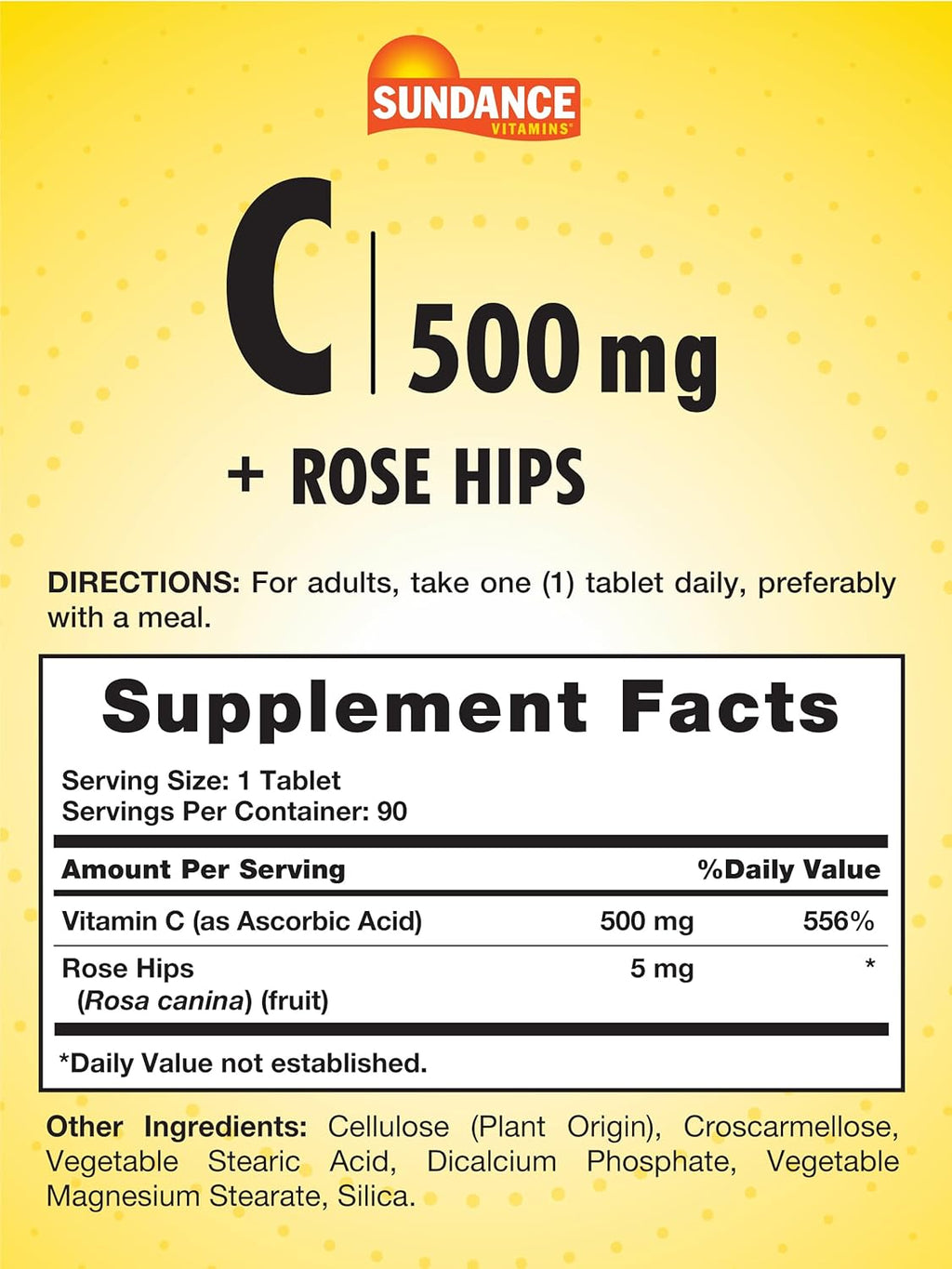 Sundance Vitamin C with Rose HIPS | 500mg | 90 Vegetarian Tablets | Essential Vitamin | Vegetarian, Non-GMO, and Gluten Free Supplement