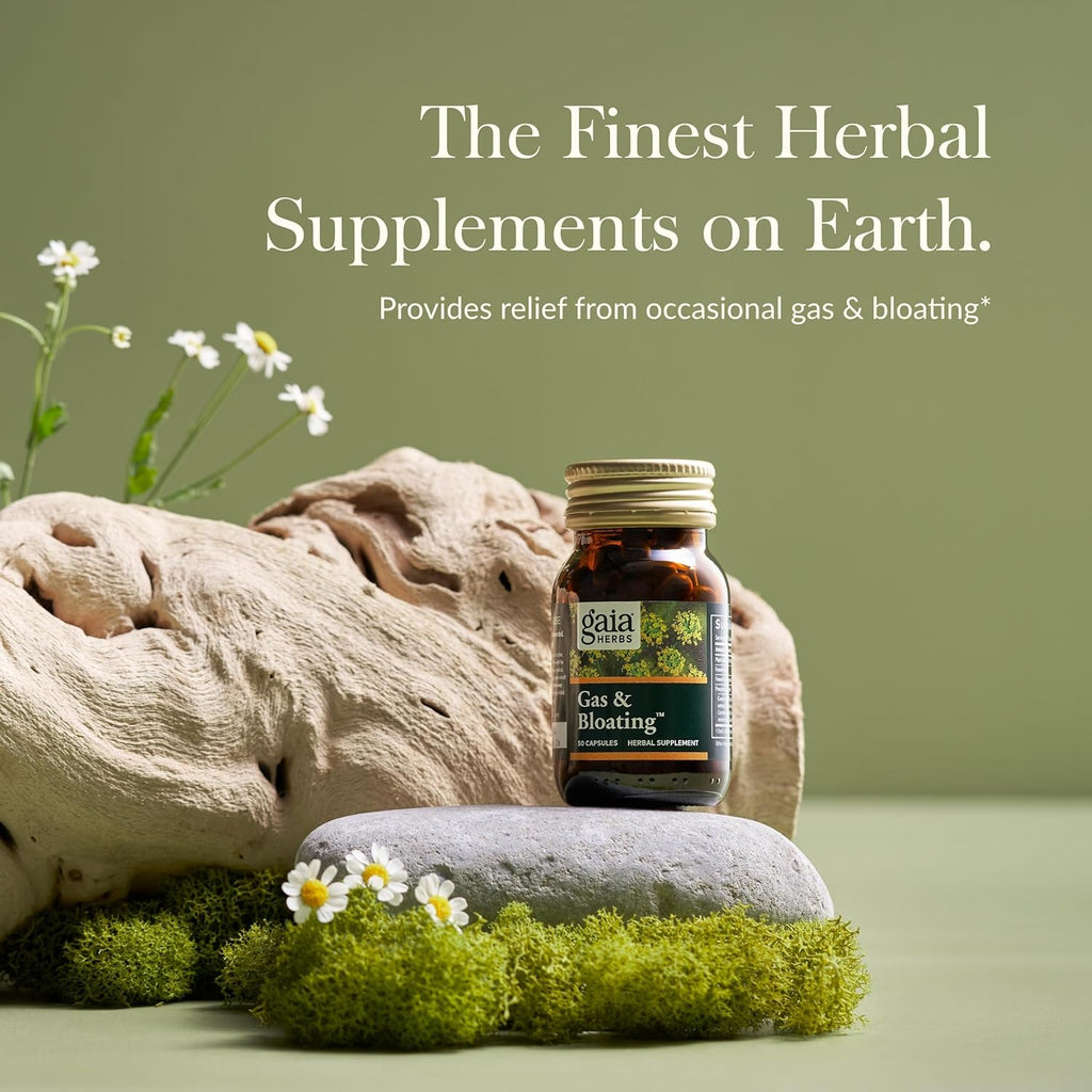 Gaia Herbs Gas & Bloating - Provides Relief from Occasional Gas and Bloating - with Activated Charcoal, Fennel, Chamomile, Cumin, and Peppermint Leaf Essential Oil - 50 Vegan Capsules (25-Day Supply)