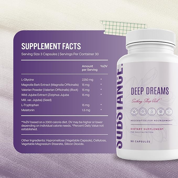 SUBSTANCE. Nature’s Deep Dreams Soothing Sleep Aid – Melatonin, L-Glycine, L-Tryptophan, Valerian Root & Jujube Extract – Natural Sleep Support Supplement for Restful Sleep – 90 Capsules