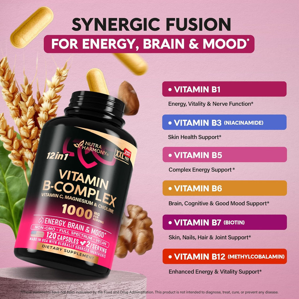 Vitamin B Complex for Men & Women - Made in USA - B-Complex: B1, B2, B3, B5, B6, B7, B8, B9, B12 with Vitamin C, Choline, Inositol - Energy, Brain & Heart Support Supplement, 120 Vegan Capsules