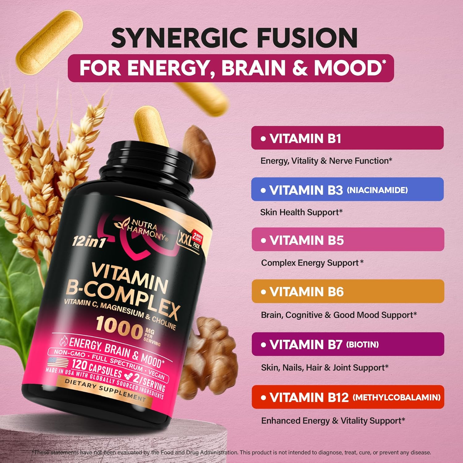 Vitamin B Complex for Men & Women - Made in USA - B-Complex: B1, B2, B3, B5, B6, B7, B8, B9, B12 with Vitamin C, Choline, Inositol - Energy, Brain & Heart Support Supplement, 120 Vegan Capsules