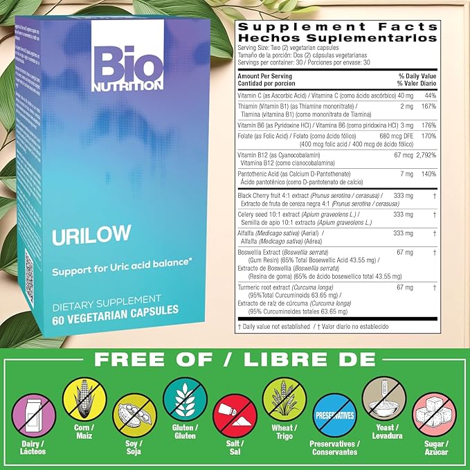 Bio Nutrition Urilow 60 Vegetarian Capsules | Natural Support for Urinary Health | Promotes a Healthy Uric Acid Balance