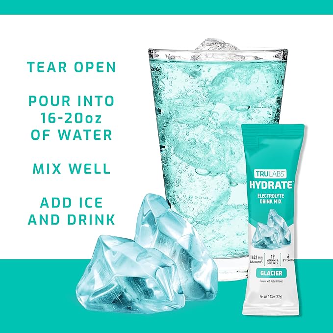 TRULABS Hydrate - Glacier. Sugar Free Electrolytes Hydration Packets. Each Serving Contains 1422 mg of Electrolytes &19 Vitamins & Minerals (16 ct)