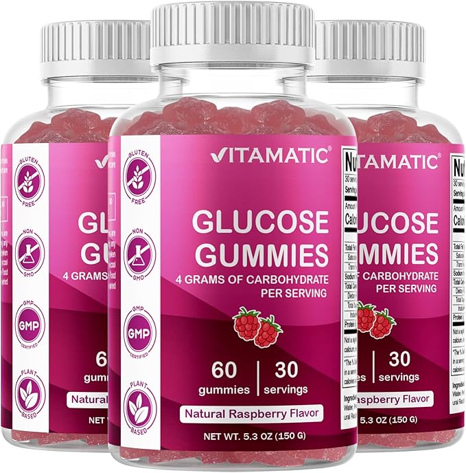 Vitamatic Glucose chewable Gummies - 60 Count - Natural Raspberry Flavor - 4G of Carbohydrate per Serving (3 Bottles)
