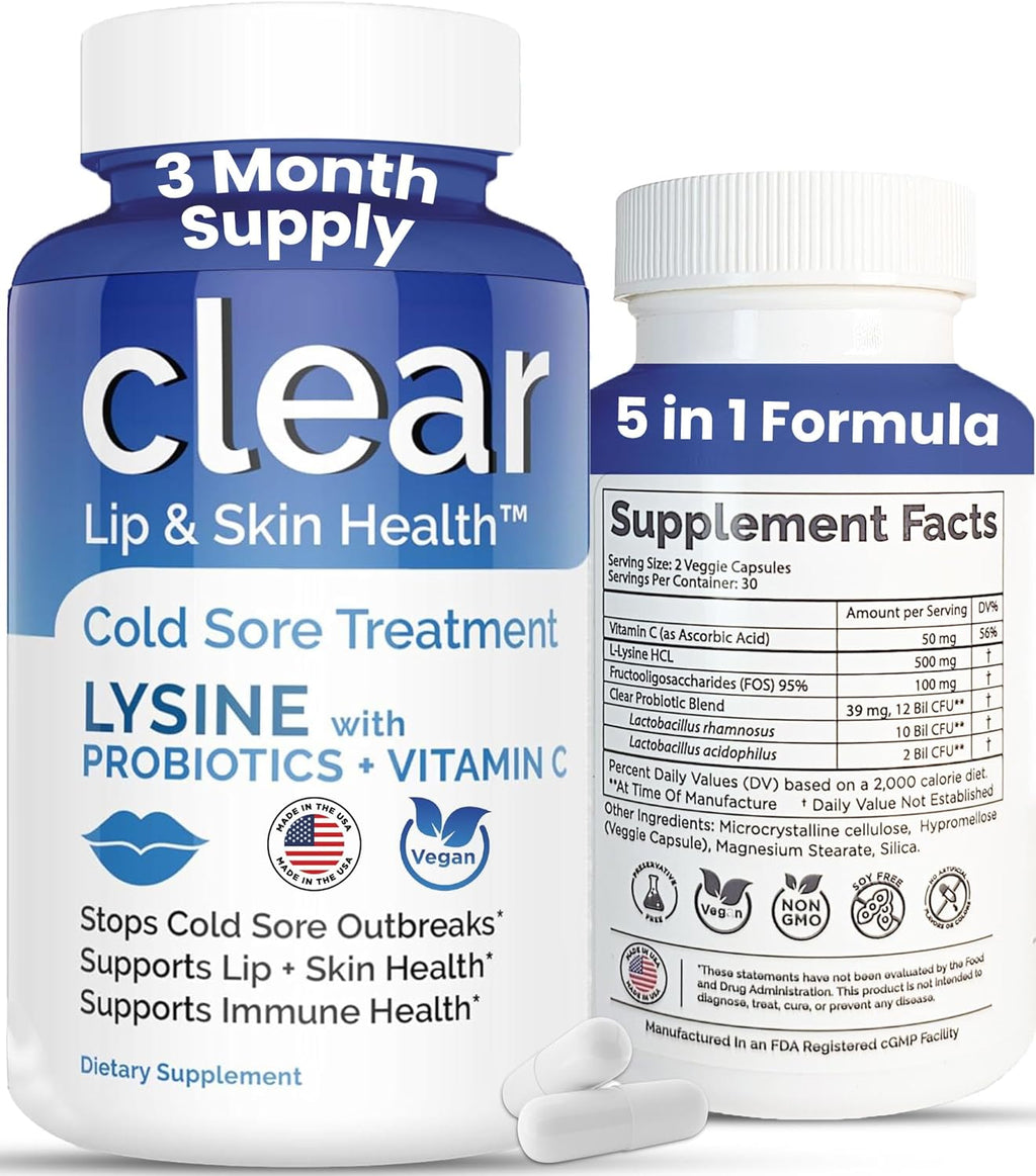 Lysine Cold Sore Treatment for Lips – with Lactobacillus Rhamnosus, Acidophilus and Vitamin C – Cold Sore Supplement for Lip & Skin Health, Immune Support & Prevention – 180 Capsules