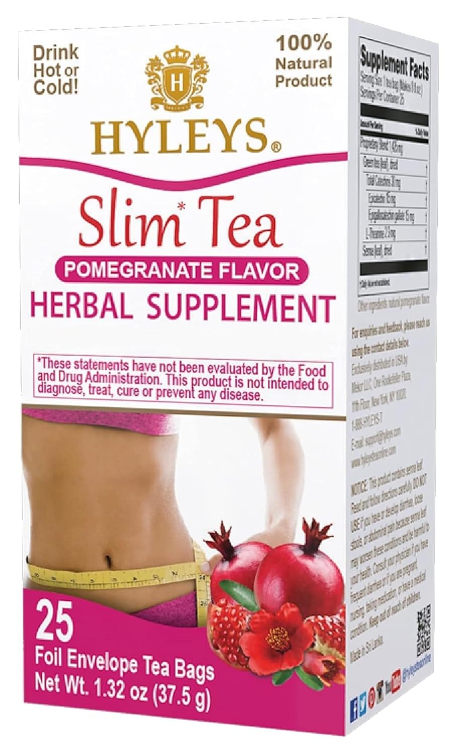 Hyleys Slim Tea Pomegranate Flavor - Weight Loss Herbal Supplement Cleanse and Detox - 25 Tea Bags (1 Pack)