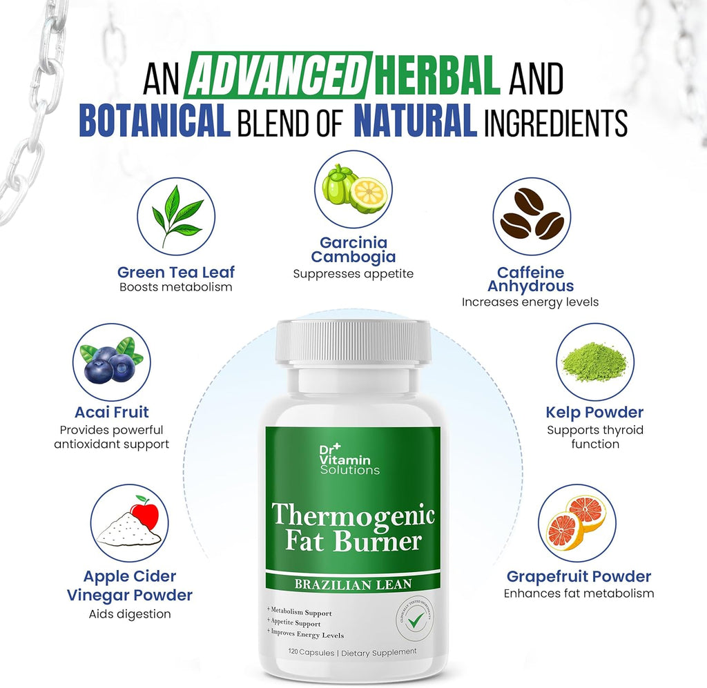 DR VITAMIN SOLUTIONS Thermogenic Fat Burner Brazilian Lean, Weight Loss Vitamins, Waist Trimmer & Supplements for Bloating (1 Bottle, 120 Capsules)