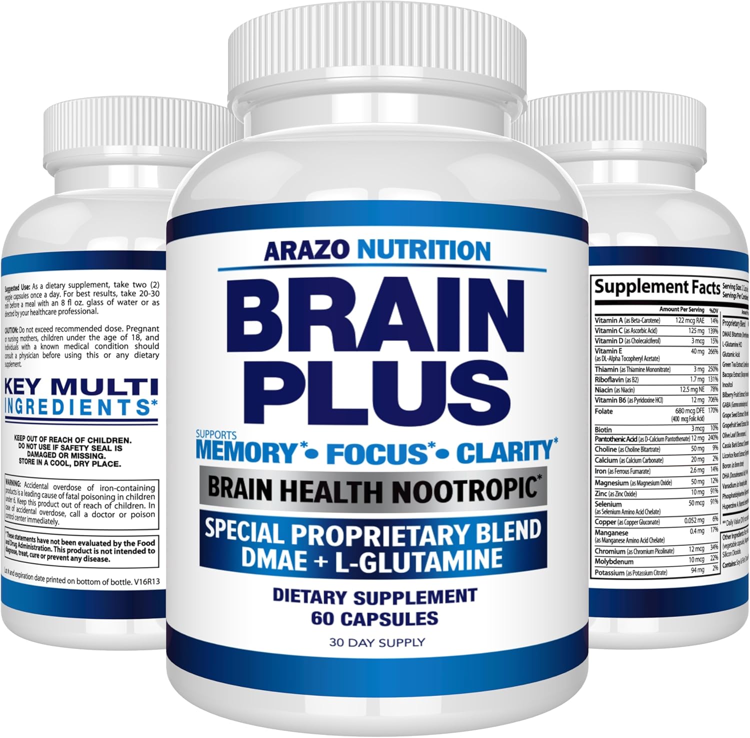 Arazo Nutrition Premium Brain Function Supplement – Memory, Focus, Clarity – Nootropic Booster with DMAE, Bacopa Monnieri, L-Glutamine, Multi Vitamins, Multi Minerals