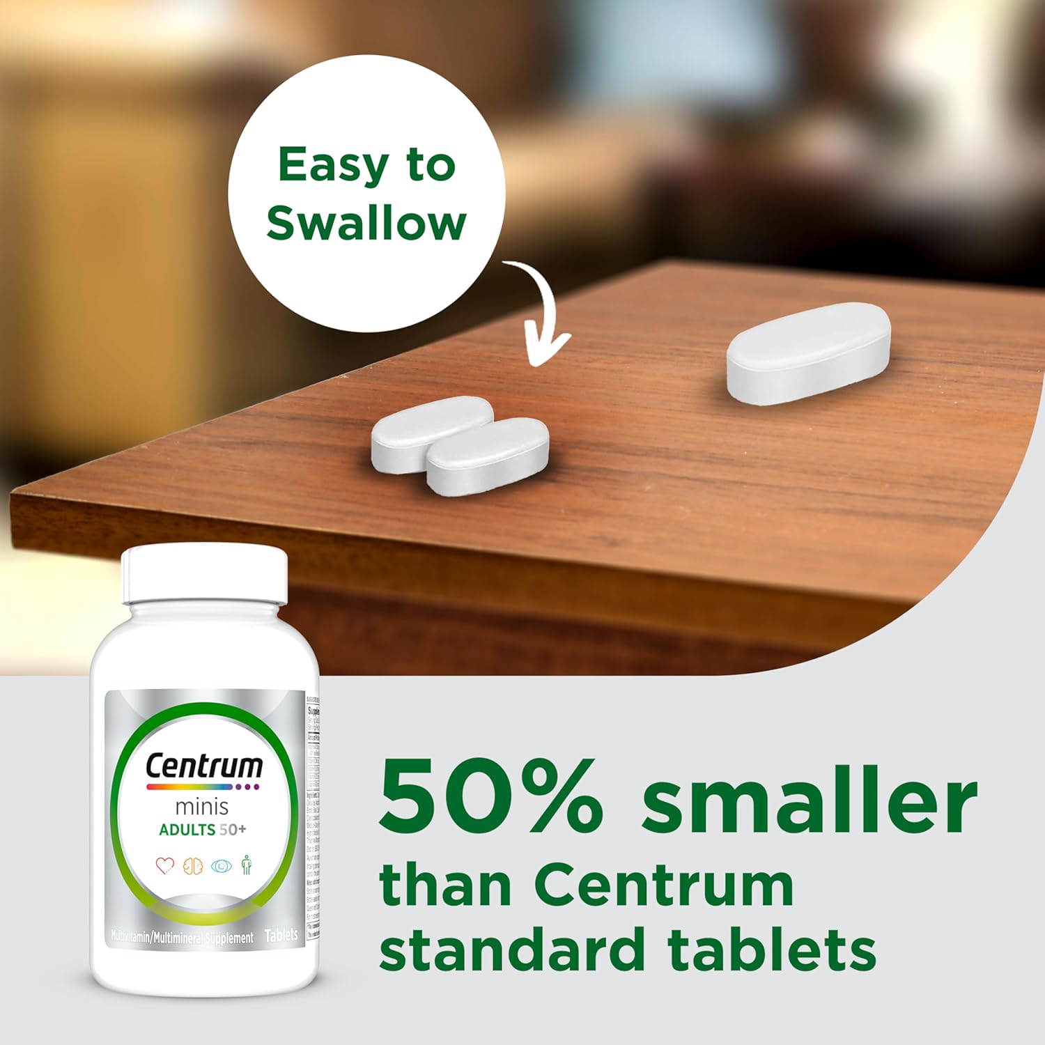Centrum Minis Silver Multivitamin Tablet for Adults 50 Plus, Multimineral Supplement, Vitamin D3, B-Vitamins, Gluten Free, Non-GMO Ingredients, Supports Memory and Cognition in Older Adults - 320 Ct