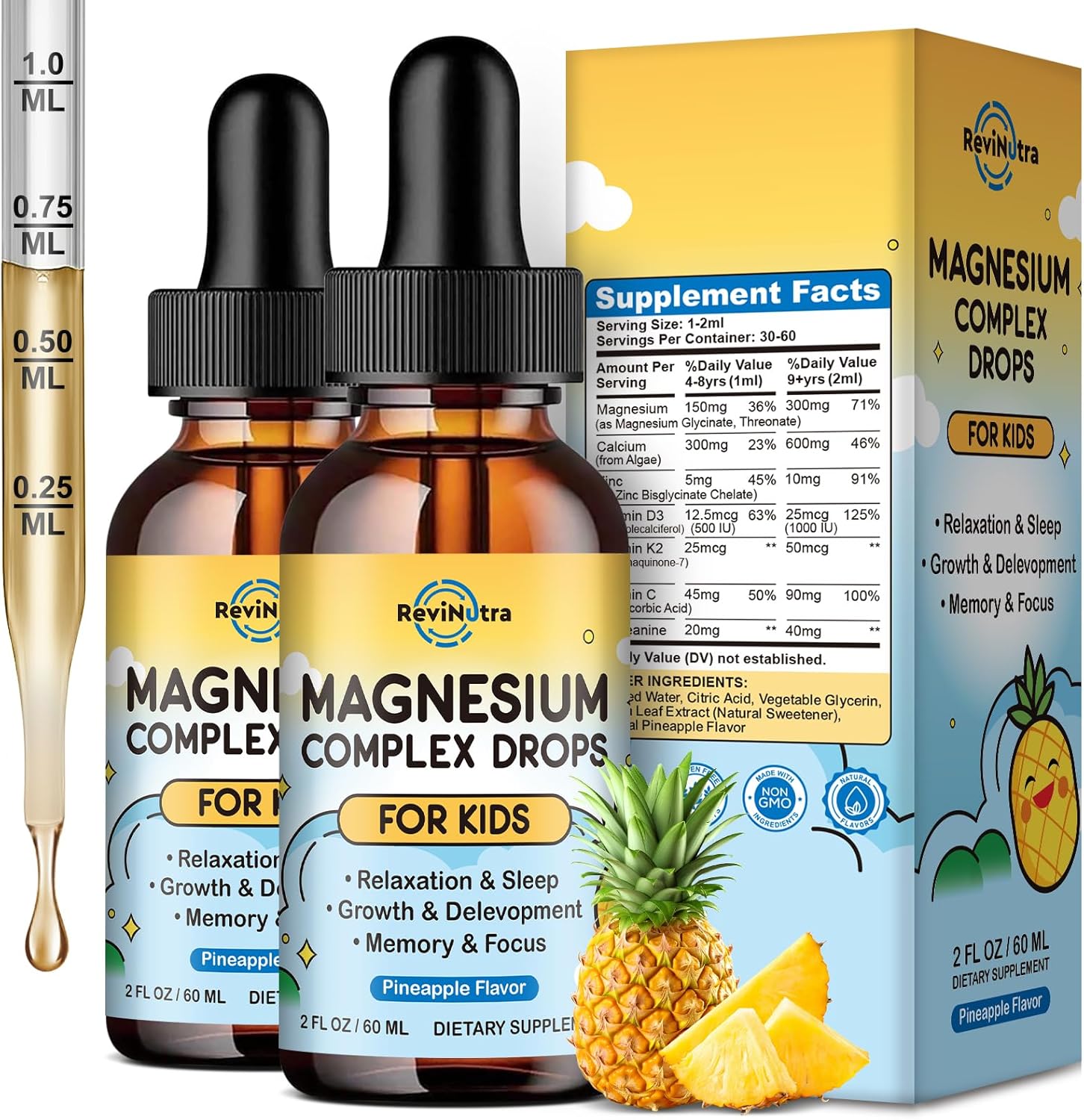 Kids Magnesium Glycinate Liquid Drops, Magnesium for Kids with Calcium, Zinc, L-Theanine, Vitamin D3 K2, C for Sleep, Relaxation, Calm, Focus, Brain,Mood, Bones & Muscles - Pineapple Flavor 2 Pack