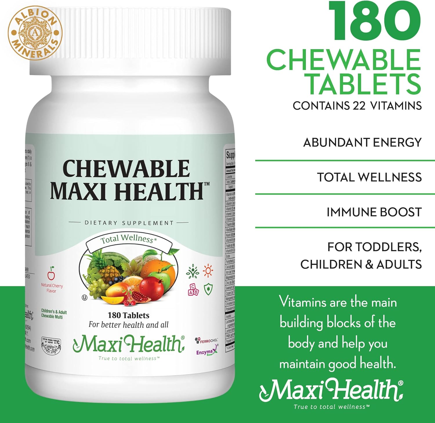 Maxi Health Chewable Multivitamin for Kids, Teens and Adults - Cherry Chewable Vitamins for Adults & Children - Kosher Kids Multivitamin + Iron (180 Tablets)