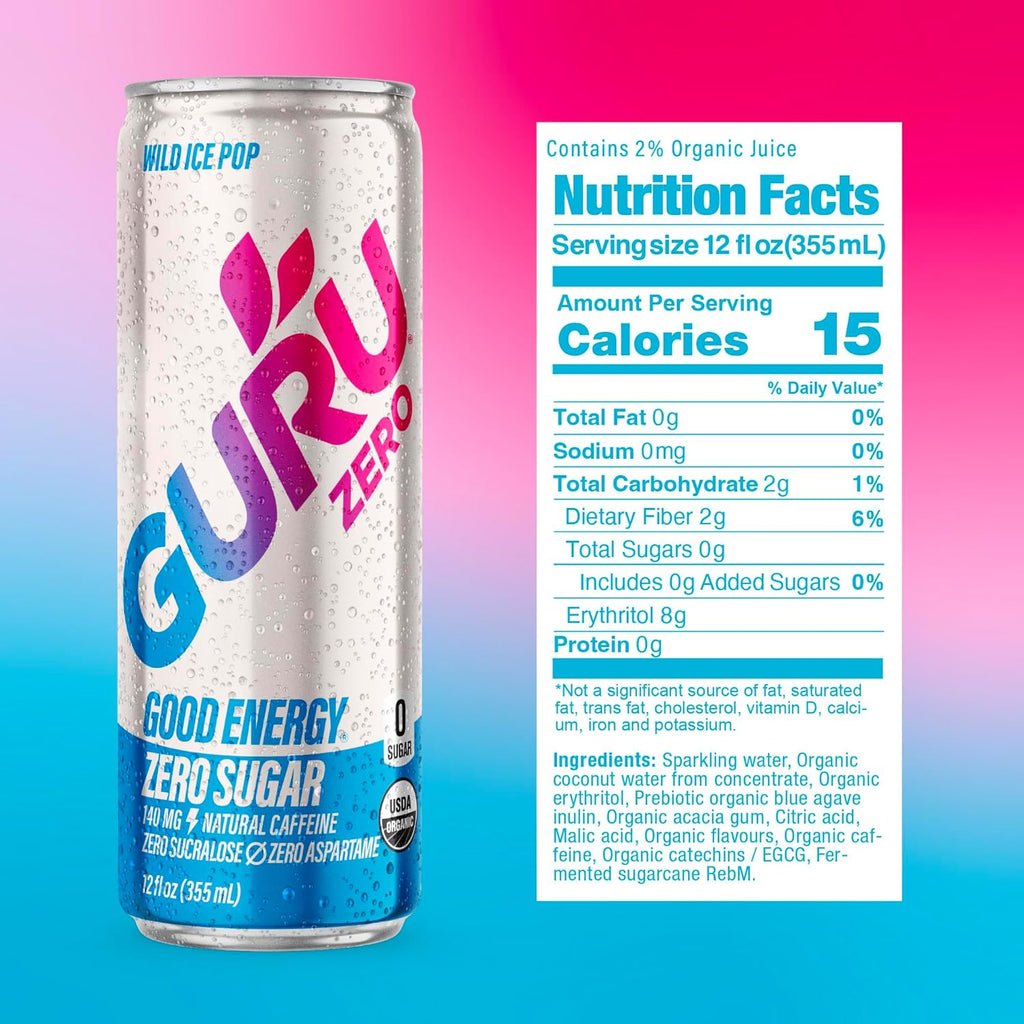 GURU ZERO SUGAR Organic Energy Drinks Variety Pack, Clean Energy Drink with Plant Based Natural Caffeine from Green Tea, Coconut Water, Prebiotic, Zero Added sugars, Gluten Free and Vegan, Pre Workout, Healthy Drinks, 12oz (Pack of 12)