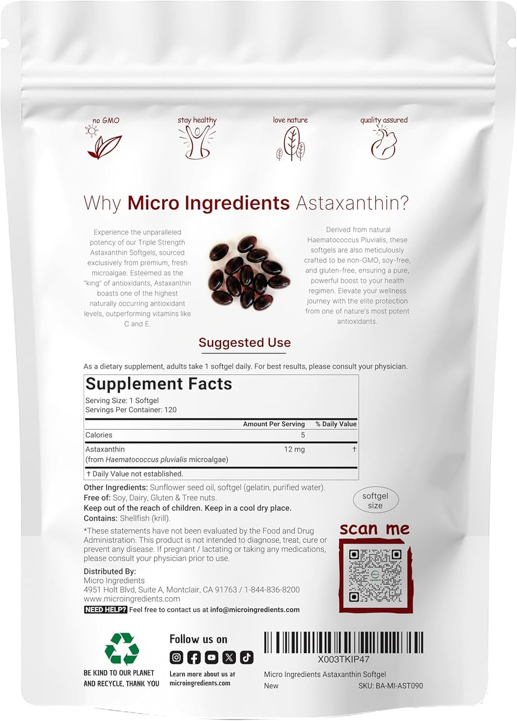 Astaxanthin 12mg, 120 Softgels, 4 Month Supply | Premium Astaxanthin Antioxidant Supplements | Fresh Microalgae Source | Supports Eye, Joint, Internal Circulation, Skin Health & Natural Tanning