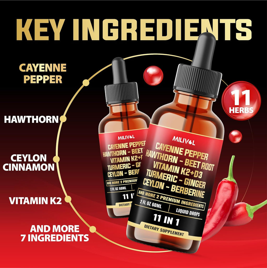 11in1 Cayenne Pepper Liquid Drops with Hawthorn Berry, Vitamin D3 K2, Beet Root, Garlic, Ginger, Ceylon Cinnamon, Turmeric, Berberine and Bitter Melon - 60 Days Supply - 2Fl Oz
